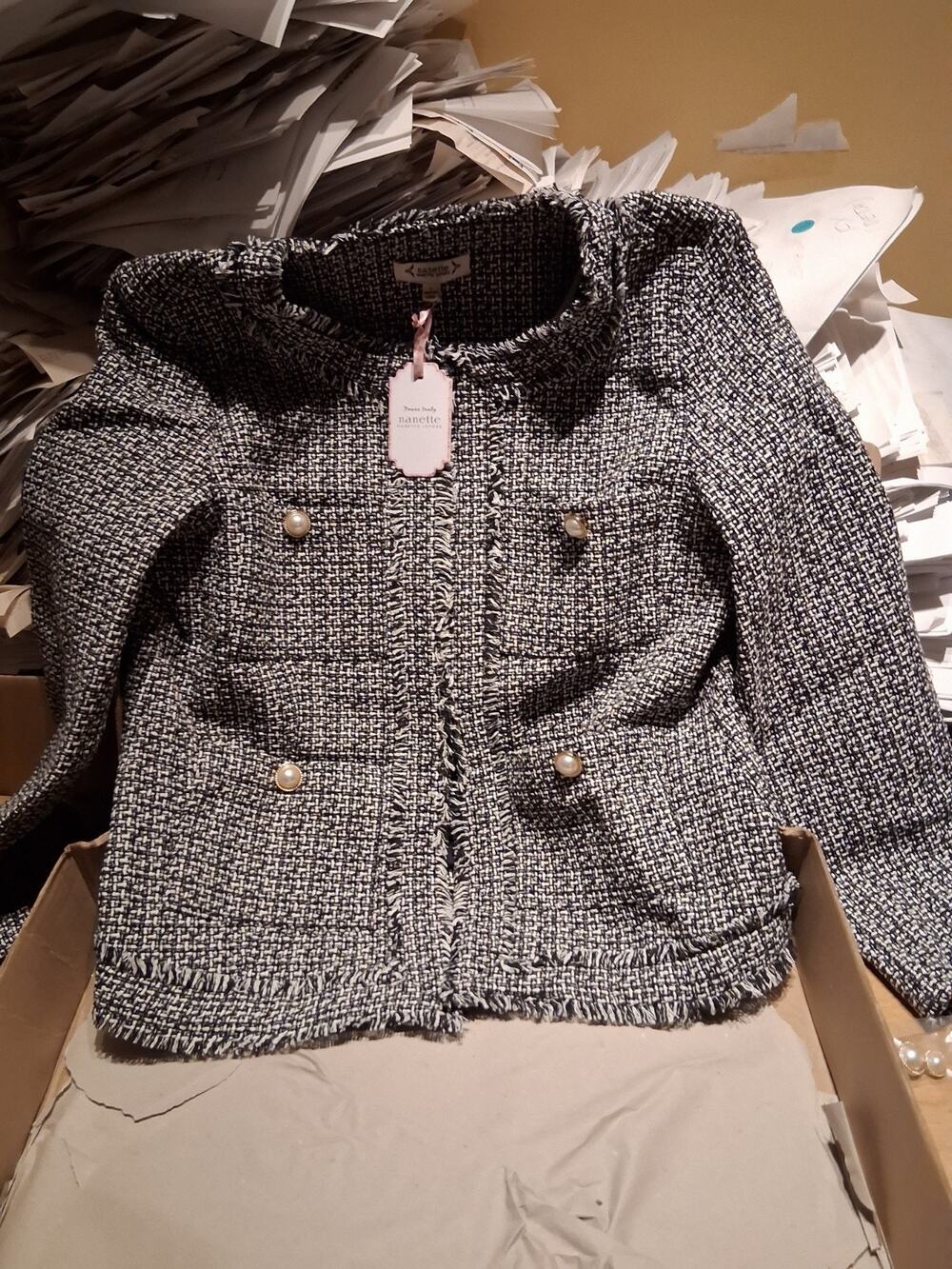 NWT NANETTE LEPORE BLACK AND WHITE TWEED PEARLS JACKET XL $199
